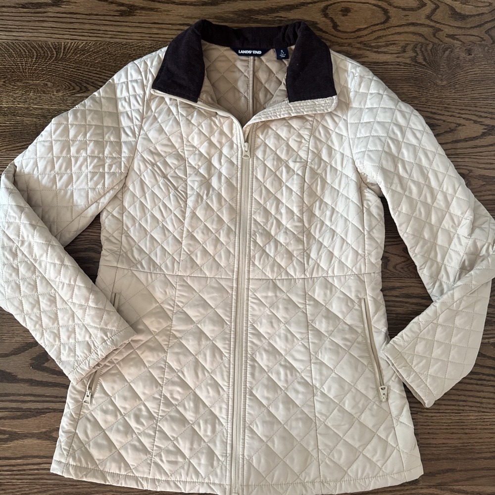 Lands' End Women's Small 6-8 Quilted Barn Jacket Beige Corduroy Collar Coat